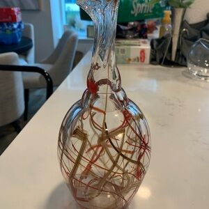 Anthropologie Glass Vase with Red and Gold Swirls